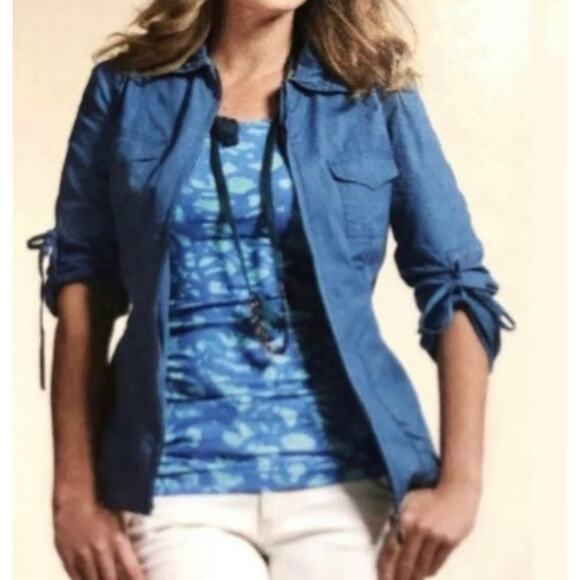 Cabi Full Zip Cargo Utility Jacket Women Size M Blue Roll Up Sleeves Lightweight - Picture 1 of 6